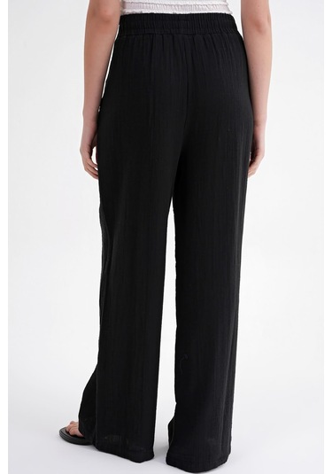 4286 Kadın Bol Paça Beli Lastikli Müslin Palazzo Pantolon Siyah Siyah