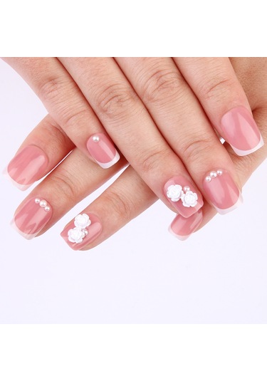 Kısa Bahar Ve Yaz Basit Gül Çiçek Elmas Tırnak Sanatı Fransız Beyaz Kenarlı İnci Takma Tırnaklar 24 Adet Parlak Aşınma Tırnakları Dahil Aletlerys529