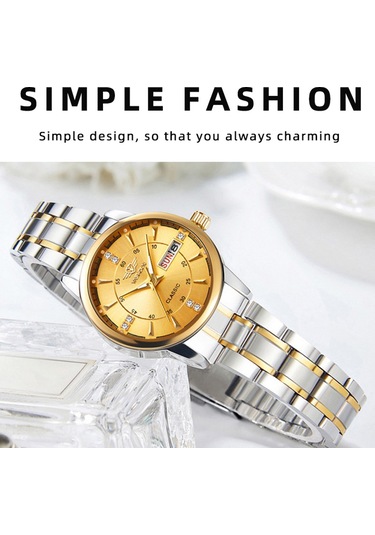 Yashıdun 5063 Çelik Kayış Şık Çift Kuvars Saat Aydınlık Takvim Bilek Saati - Siyah Kadran / Gümüş+altın Kayış / Kadın