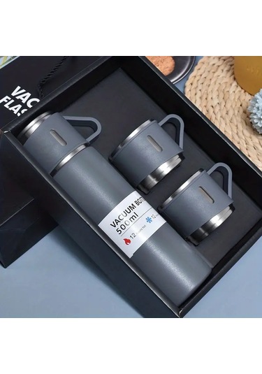 Paslanmaz Çelik Vakumlu Termos Seti, İzole Termos Bardak 500ml/16.9oz, Çift Duvarlı Vakumlu İzole Şişe, İş, Ofis, Okul İçin - Sıcak Ve Soğuk İçecekler Gri