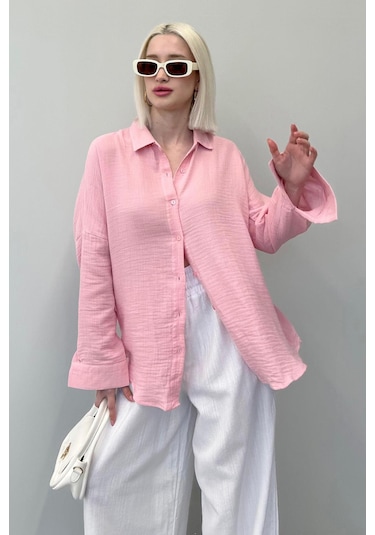 Madmext Pembe Muslin Kumaş Basic Kadın Gömlek Mg1660 Pembe