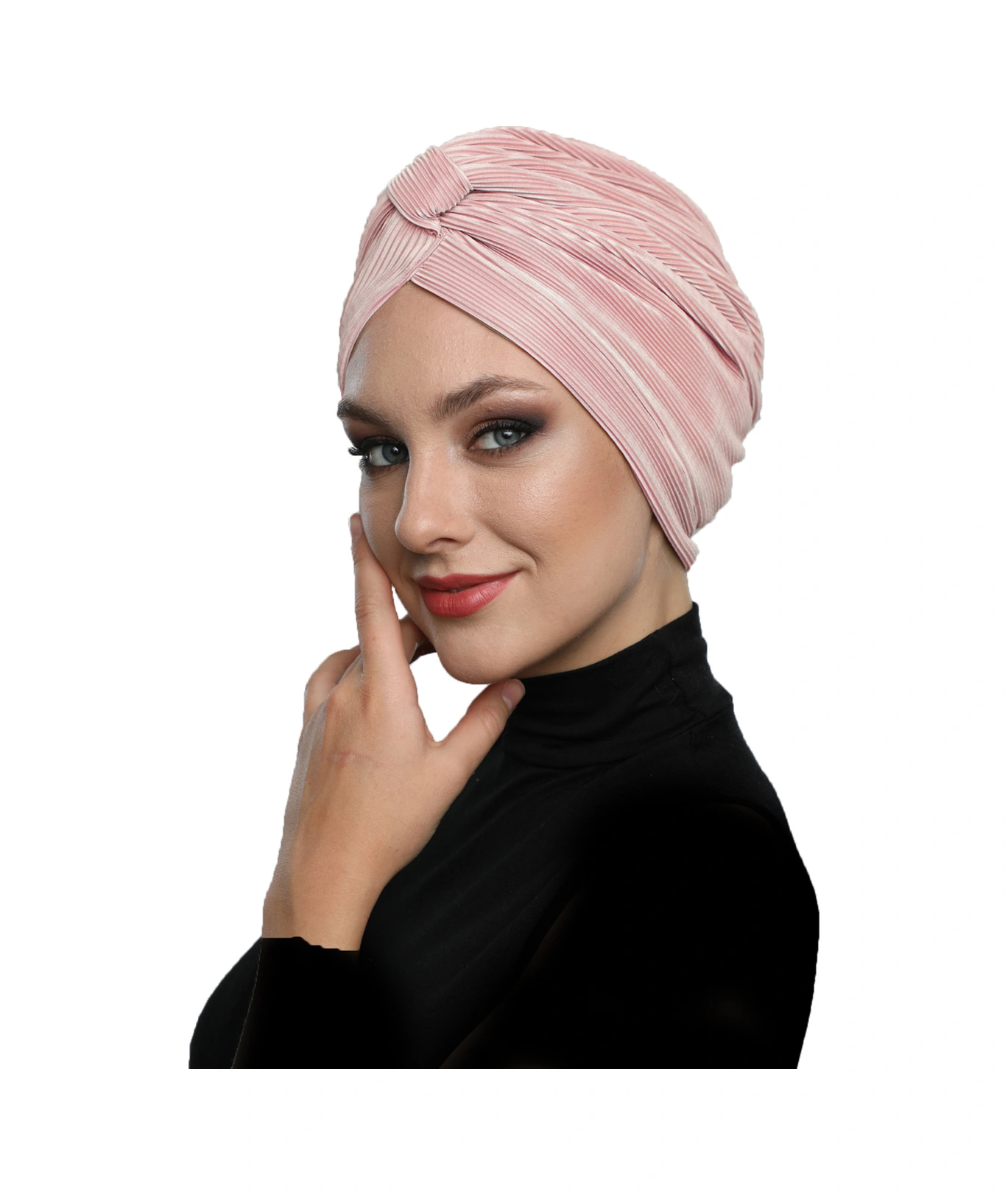 Çapraz Plise Bantlı Astarlı Pudra Hazır Türban Tesettür Havuz Bonesi Pudra
