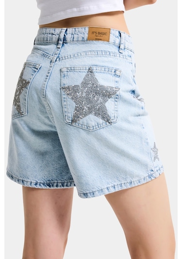 Itsbasic Kadın Kot Rengi T-4s6-3 Mom Fit Midi Boy Parlak Yıldız Taşlı Özel Tasarım Denim Şort Kot Renk