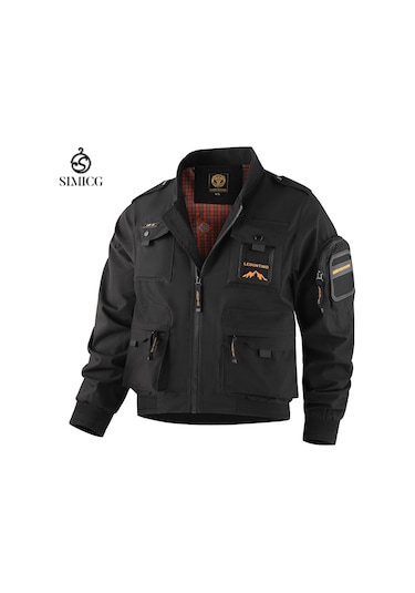 Erkekler İçin Avrupa Beden Çok Cepli Ceket, Dış Giyim Siyah