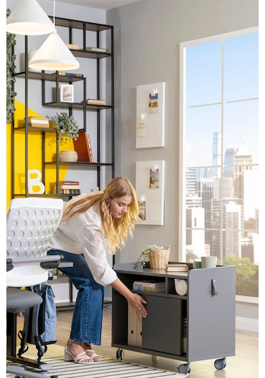Creo Mobili Sürgü Kapaklı Organizer Smart Keson, Frenli Tekerlekli Ofis Ve Ev Komodini, Antrasit