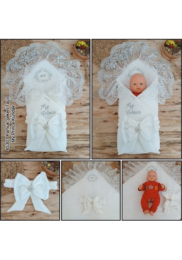 Dantelli Özel Taçlı Bebek Kundağı Unisex Bebek Dış Kundak Battaniyesi Hastane Çıkışı Hediyelik Knd45307 Ekru