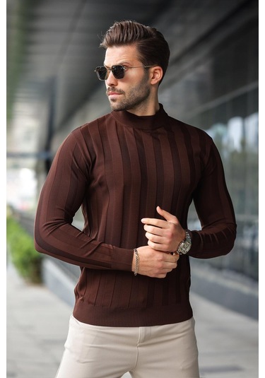 Kahverengi Yarım Balıkçı Erkek Triko Kazak E7423 Kahverengi