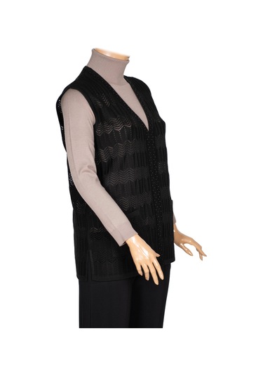 Hesna Kadın Gökçe Triko Ajurlu Boncuklu Cepli Siyah Yelek Siyah