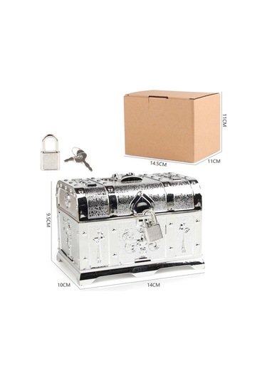 Homyl Antik Korsan Hazine Sandığı Kilit Ve Anahtar 14cmx10cmx9.5cm-gümüş Gümüş
