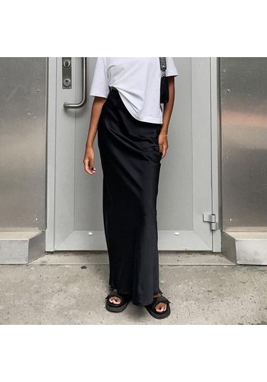 Saten Siyah Trompet Etek Ince Yüksek Bel Etekler Moda Kadın 2023 Yaz Katı Ofis Bayan Uzun Etek Kadın Zarif 27694 Açık Pembe