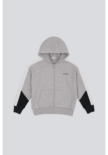 Kids Boy Blok Renkli Fermuarlı Kapüşonlu Sweatshirt Gri̇ Gri