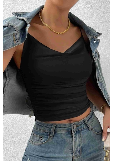 Merry See Kadın Kolsuz Askılı Degaje Yaka Bluz Crop Siyah 001