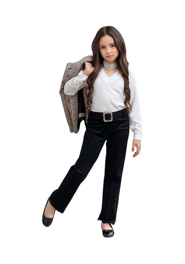 Riccotarz Kız Çocuk Yakası Açık Ve Taş Detaylı Bluz Ekose Çizgi Blazer Ceket Kemerli Siyah Alt Üst Takım Siyah