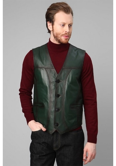 Dericlub 2145 Gerçek Deri Erkek Yelek Yeşil