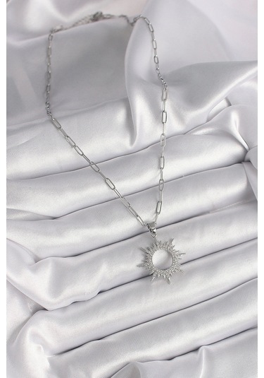 316l Çelik Gümüş Renk Zincir Zirkon Taşlı Güneş Model Kadın Kolye Çok Renkli