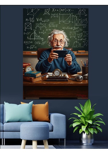 Ahşap Tablo Tabletle Uğraşan Bilgin Albert Einstein