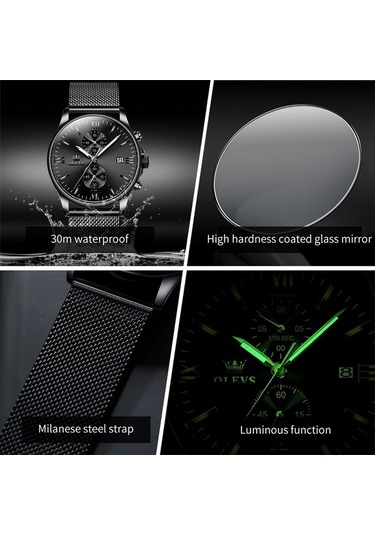 Novahub Olevs 2886 Erkekler Spor Kronograf Su Geçirmez Aydınlık Kuvars Saat Siyah Gümüş Örgü Şerit Çok Renkli Çok Renkli