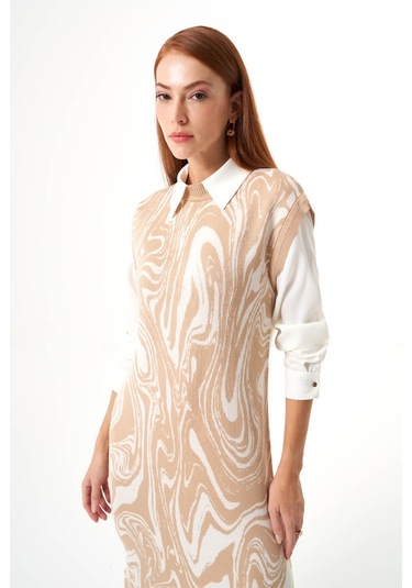 Özel Desenli Triko Bej Elbise Bej