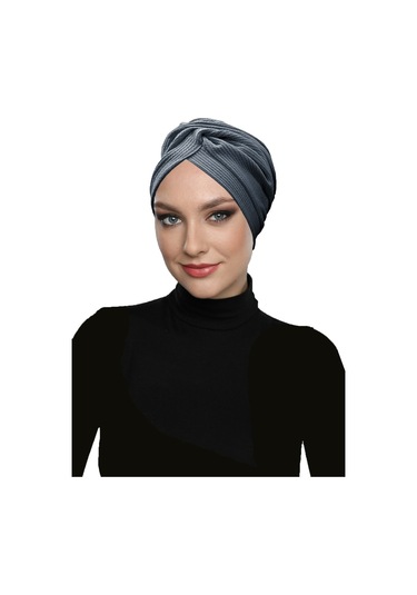 Çapraz Fitilli Penye Koyu Gri Hazır Türban Tesettür Havuz Bonesi Koyu Gri