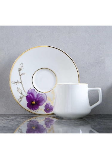 Evaliza Buket Mor 130ml 6 Kişilik Double Kahve Fincan Takımı Mor