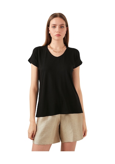 Lela V Yaka Rahat Kesim Yırtmaçlı Bayan Bluz 5862000 Siyah