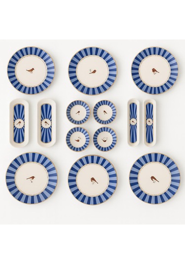 Seramık 6 Kısılık Mavi Kuşlu14 Parca Seramık Kahvaltı Takımı Beyaz