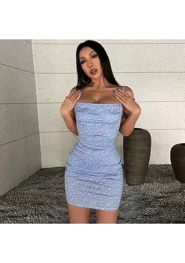 Kadın Sırtı Açık Benekli Seksi Dar Halter Elbiseler Pembe