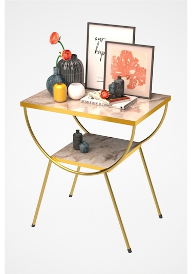 Yan Sehpa Komodin Metal Ayak Gold Efes 1984 Beyaz Mermer Desen