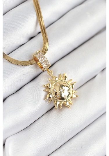 316l Çelik Zirkon Taşlı Güneş Model Gold Renk Kadın Kolye Renkli