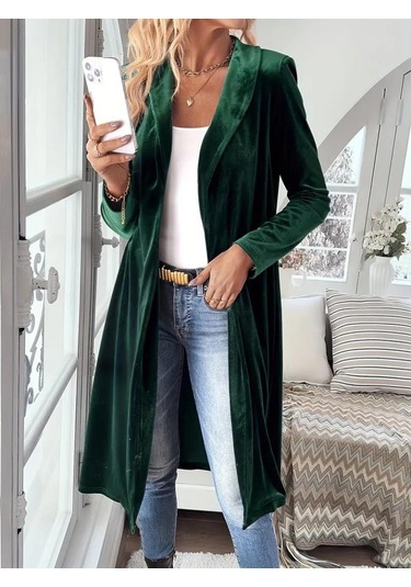 Kadın Uzun Kollu Önü Açık Kolları Uzun Midi Ceket Yeşil