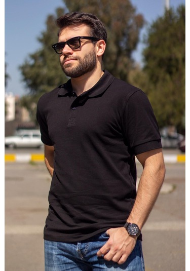 Erkek Siyah Rahat %100 Pamuk Ribana Kol Polo Yaka T-shirt 24eplypope 001