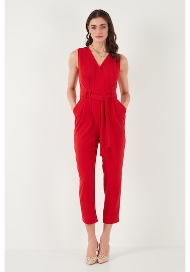 Lela Slim Fit Düz Paça Kruvaze Yaka Kemerli Bayan Tulum 6783626 Kırmızı