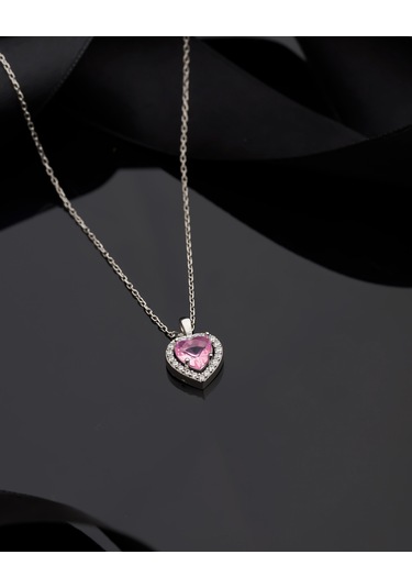 925 Ayar Pembe Taşlı Rodyum Pırlanta Görünümlü Kalp Gümüş Kolye Rn10308 Gümüş