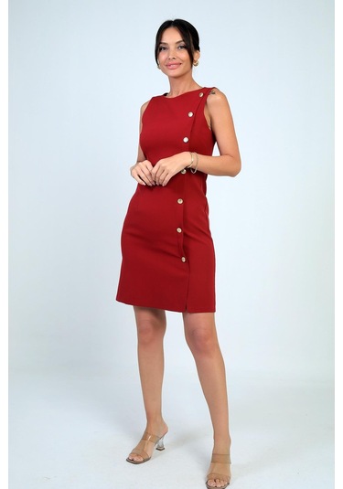 Kadın Kendinden Telalı Yan Düğmeli Kısa Elbise-41566 Bordo