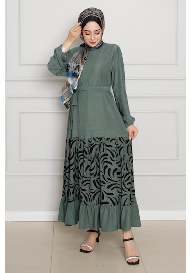 Eteği Desenli Karin Elbise-zümrüt Yeşili-4272-zümrüt Yeşili Zümrüt Yeşili