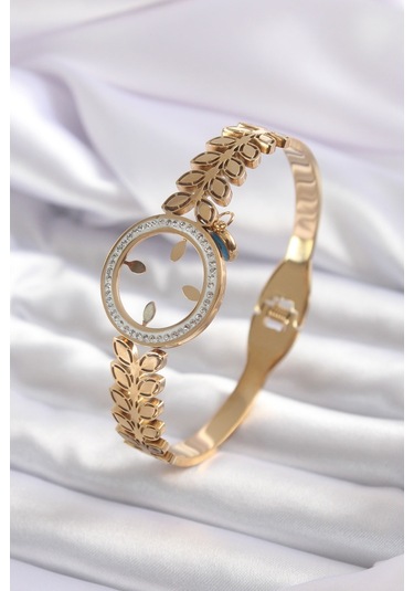 Ezoconcept 316l Çelik Gold Renk Çeyrek Takılabilen Zirkon Taş Detay Kadın Kelepçe Altın