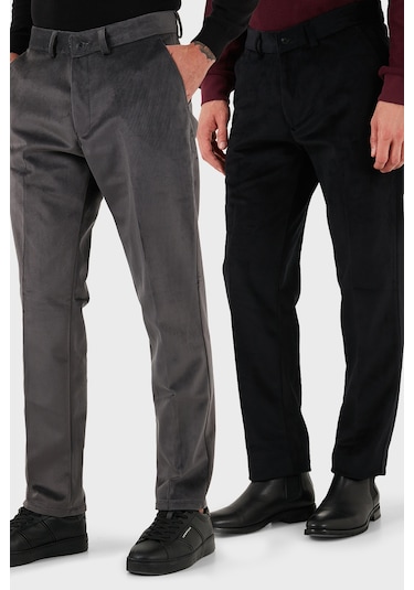 Buratti Normal Bel Regular Fit Düz Paça 2'Li Paket Erkek Kadife Pantolon 645Merlins2 Gri-Siyah