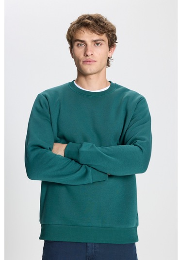 AC&Co / Altınyıldız Classics Erkek Koyu Yesıl Standart Fit Normal Kesim İçi Polarlı Bisiklet Yaka Sweatshirt Koyu Yeşil