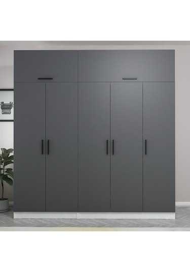 Minar Kale 5 Kapaklı 2 Çekmeceli Dolap Ve Yüklük Beyaz Antrasit 255cm
