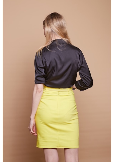 Astarlı Yüksek Bel Önden Yırtmaçlı Deri Kemerli Pamuklu Hafif Likralı Kumaş Kalem Etek Kemer Dahil -sarı - Sarı