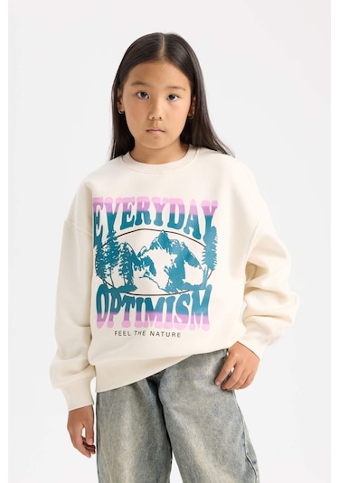 DeFacto Kız Çocuk Relax Fit Bisiklet Yaka Baskılı Sweatshirt D7055A824WNER99 Ekru
