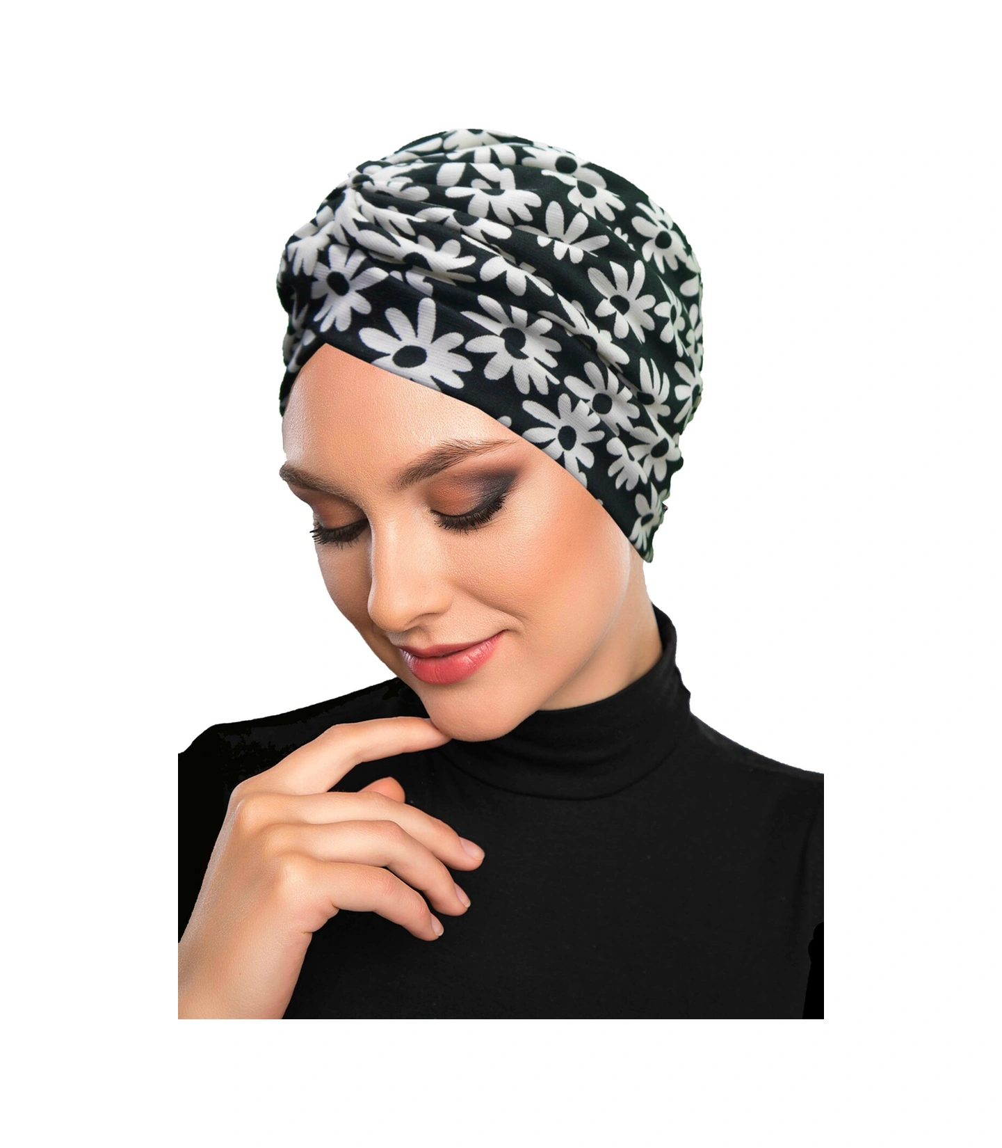 Gece Çiçeği Desenli Çapraz Ve Bant Detaylı Astarlı Hazır Türban Tesettür Havuz Bonesi Siyah-beyaz