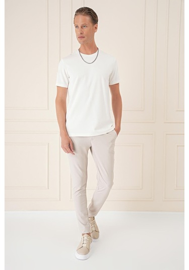 Comfort Fit Bisiklet Yaka Esnek Pamuk Casual Ekru Tişört Ts 885 Ekru