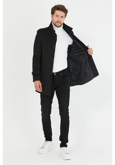 Erkek Antrasit Dar Kesim Dik Yaka Uzun Kaşe Kaban-Antrasit