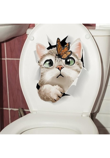 Büro Ev Klozeti İçin 3d Kelebek Konmuş Kedi Espirili Kapak İçi Stickeri Diğer