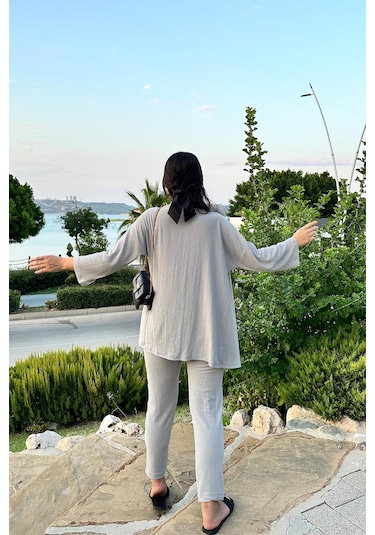 Gri Renk Cep Detaylı Dar Paça Kimono Takım Gri
