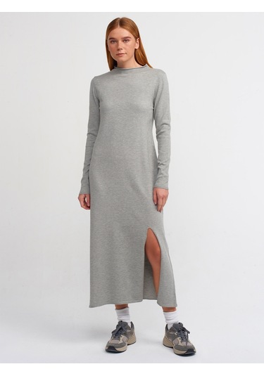 Dilvin Dik Yaka Önü Yırtmaçlı Triko Elbise Gri