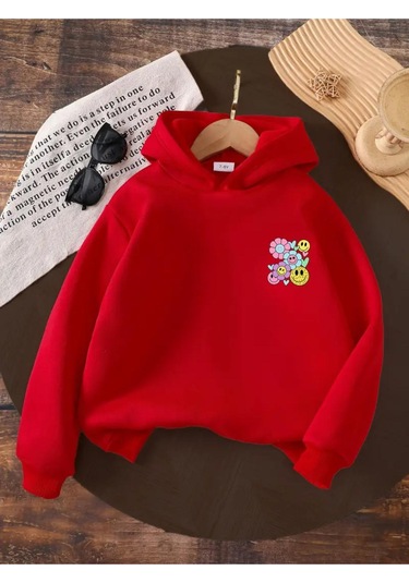 Kışlık Kapüşonlu Sweatshirt, Çocuk Yanda Çiçekler Gülücükler Baskılı Kırmızı