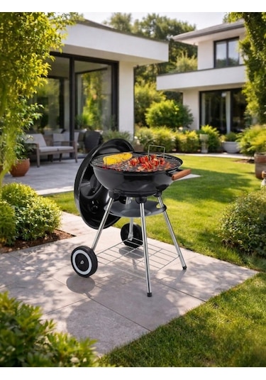 Yuvarlak Kömürlü Mangal Ahşap Kulplu Tekerlekli Mangal 44 Cm