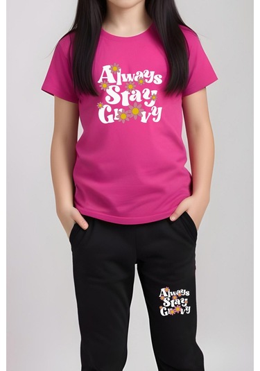 Always Stay Baskılı Kız Çocuk Tişört Ve Eşofman Alt-üst Takım Fuşya